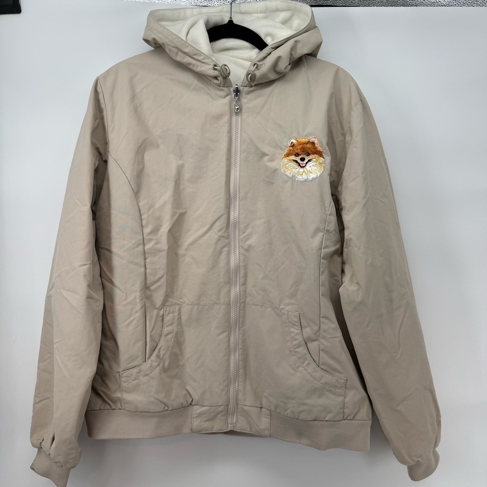 The Bradford Exchange Pomeranian Dog Embroidered Beige Jacket Reversible Sz XL